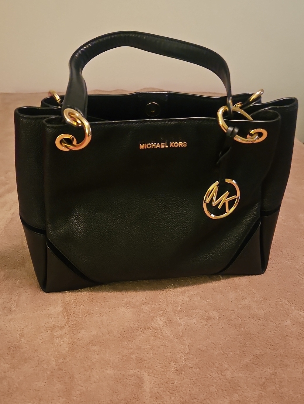 Michael Kors Black Leather Satchel with Gold Hardware